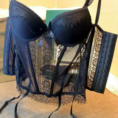Sexy lace embroidery shapewear Black suspender vest bone coat Transparent mesh temptation garter T pants set