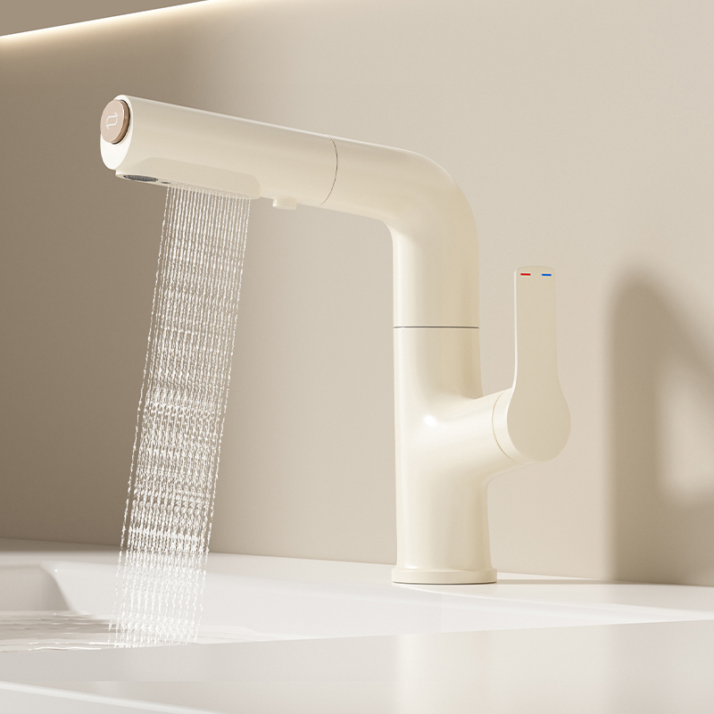 German Cream-Colored Pull-Out Lift-Up All-Copper Bathroom Sink Hot and Cold Faucet