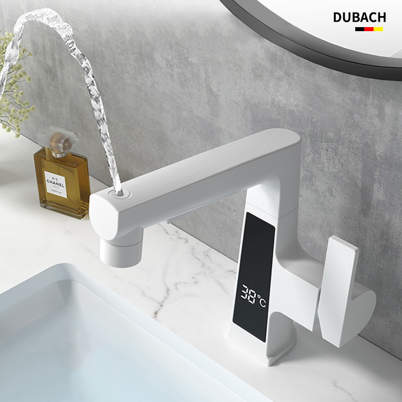 German White Pull-Out Rotating Lift-Up All-Copper Digital Display Bathroom Sink Faucet for Hot and Cold Water
