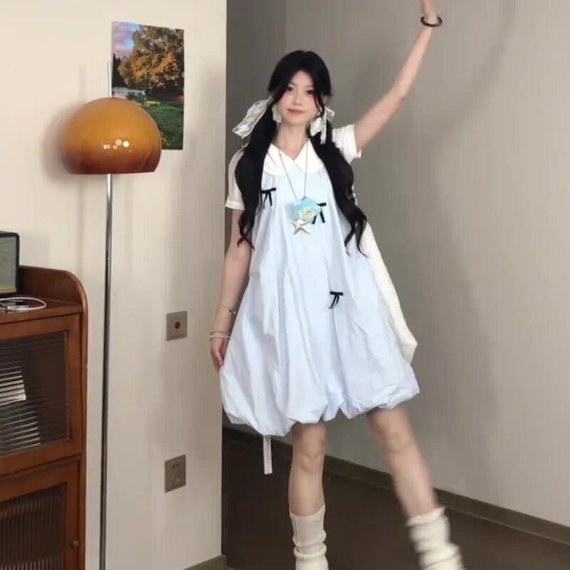 Korean Style Ootd Outfit Casual Bow Sleeveless Floral Dress for Women Summer Niche Design Elegant Short Skirt