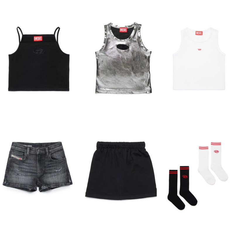 In Stock Diesel 25 Spring/Summer Children's Girls' Hollow-Out Letter Tank Top Denim Shorts Socks Cool
