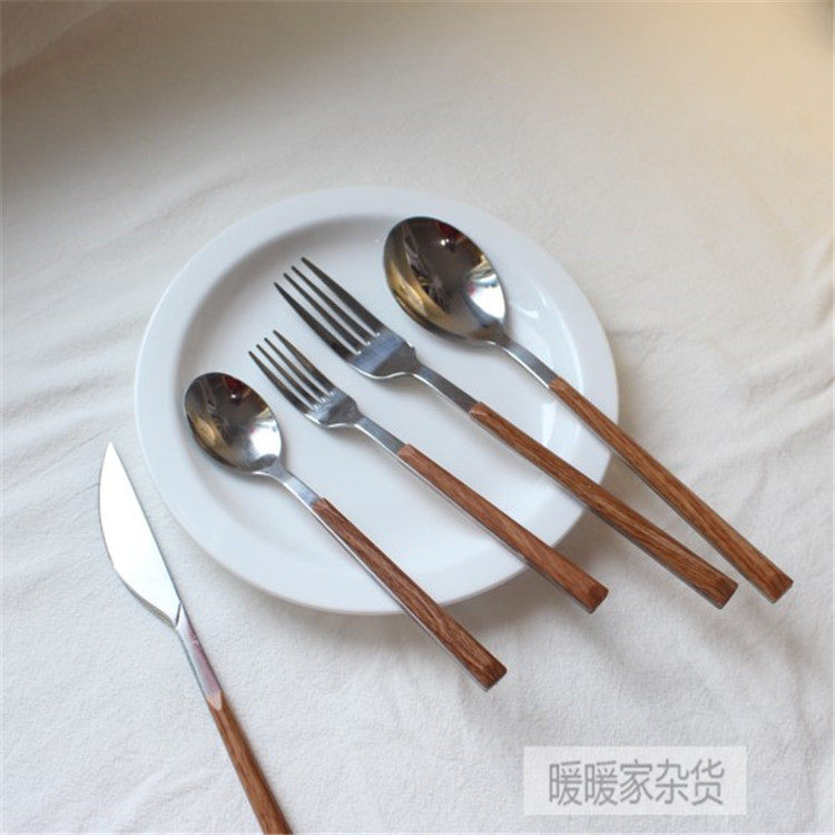ins retro Han wind imitation wood handle stainless steel knife fork spoon sweet fork spoon suit Western food cutlery soup spoon