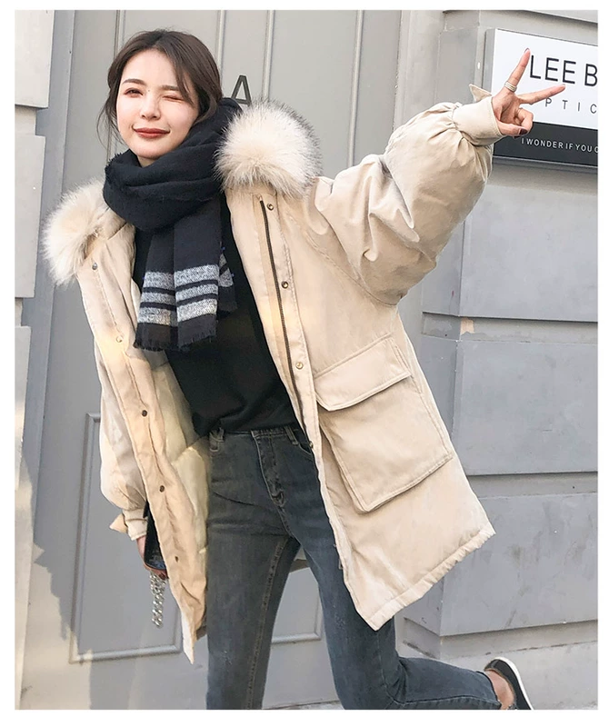Áo trùm đầu bằng vải bông cho nữ có phần dài cùng một đoạn 2018 áo khoác cotton mới in lưới màu đỏ bánh mì quần áo mùa đông bf thủy triều mẫu áo phao lông vũ nữ đẹp