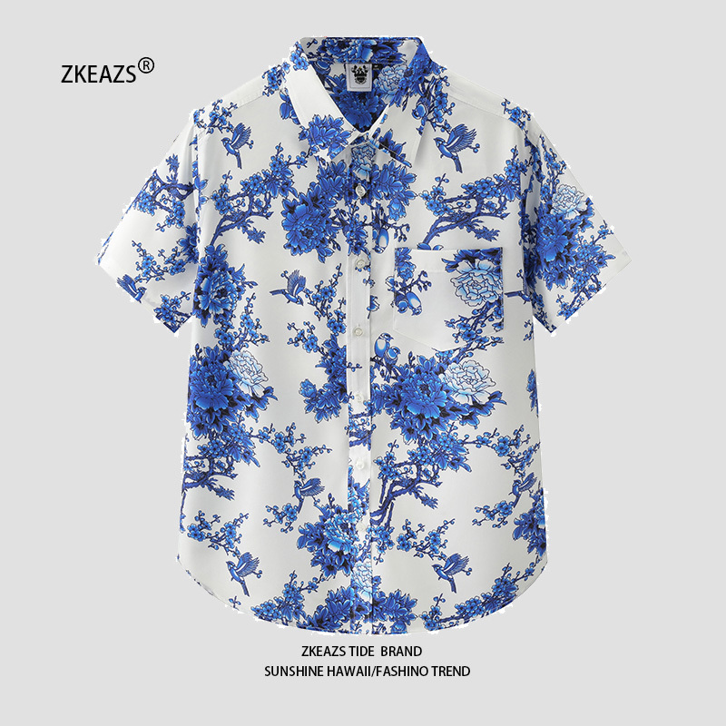 Blue and White Porcelain Light and Silky Floral Shirt Chinese Style Men's Ice Silk Shirt Printed Hawaiian Floral Beach Shirt