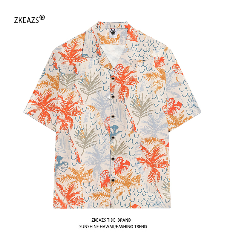 Hawaiian Cotton Beach Floral Shirt with Cuban Collar, Loose Fit, Large Size, Seaside Vacation, Southeast Asian Island Coconut Tree Print
