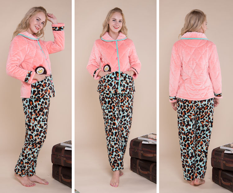 Fen Teng mùa đông mới dày Babe đồ ngủ phụ nữ thiết lập lớp bên trong của bông cotton da báo in pijama ngắn tay