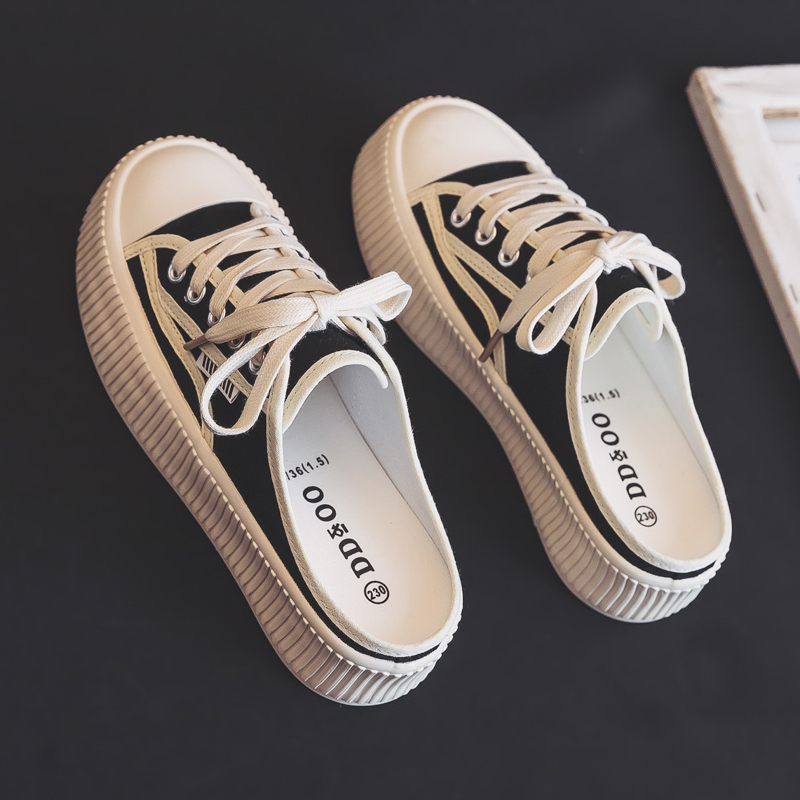 Spring and Summer Thick-Soled Half-Slip Canvas Shoes for Women 2026 New Style Lazy Slip-On Black Casual Cloth Shoes Sneakers