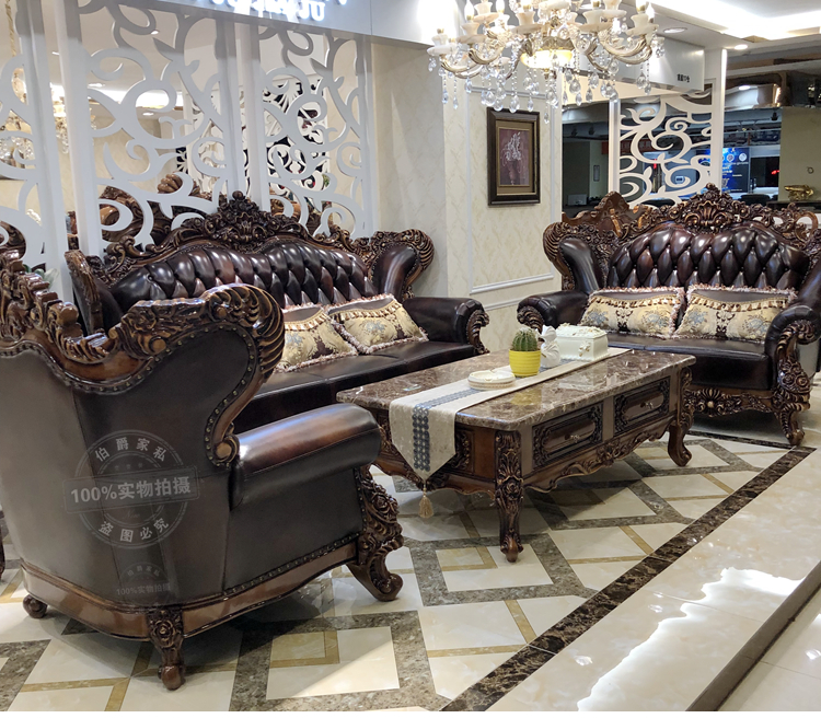 Ghế sofa da châu Âu mới chạm khắc lớp da bò phòng khách đầu tiên 123 bộ kết hợp sang trọng A037 - Ghế sô pha ghế sofa nhỏ gọn giá rẻ