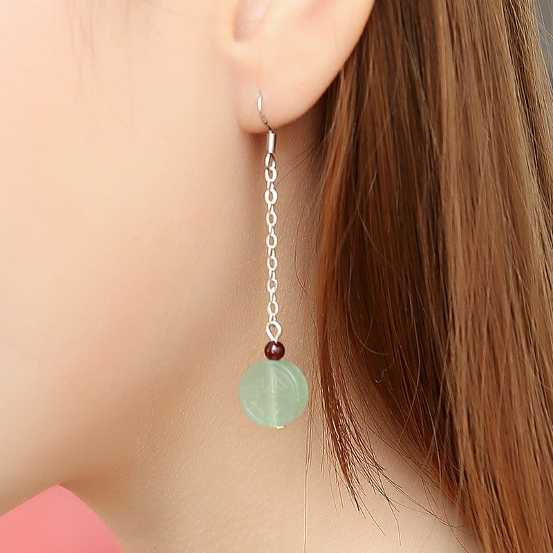 Pure Trinket East Mausoleum Jade Double Fu Earrings Long Version of Temperament Ear Pendant 925 silver earbuds Ear Accessories Net Red Palace Tinghetto