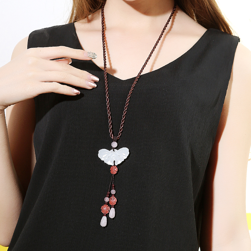 Pure Ornament White Jade Butterfly Long Version Necklace Foreign Assembly Chain Jade Small Fresh Retro Style Fan