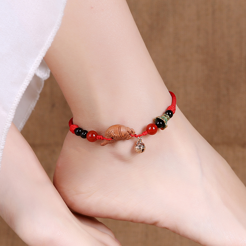 Pure Ornament Peach Wood Carp Red Rope Foot Chain Woman Agate 14k Bag Golden Bell Pepper to pray for a safe and fashionable retro style