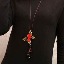 Pure jewelry long sweater chain butterfly agate necklace Palace style pendant simple Joker National style weaving