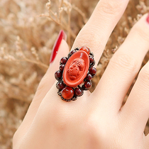 Pure jewelry Cinnabar lucky Pixiu opening ring Womens jewelry ring red accessories garnet tail ring vintage