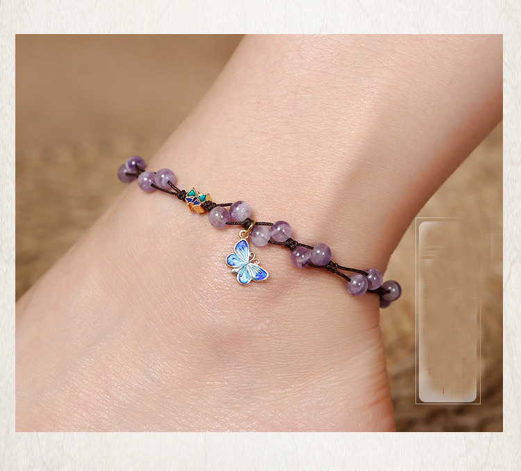 Trang sức tinh khiết tự nhiên giấc mơ thạch anh tím dệt tay chân bướm nữ cloisonne có thể điều chỉnh sinh viên tươi vòng chân cho nữ