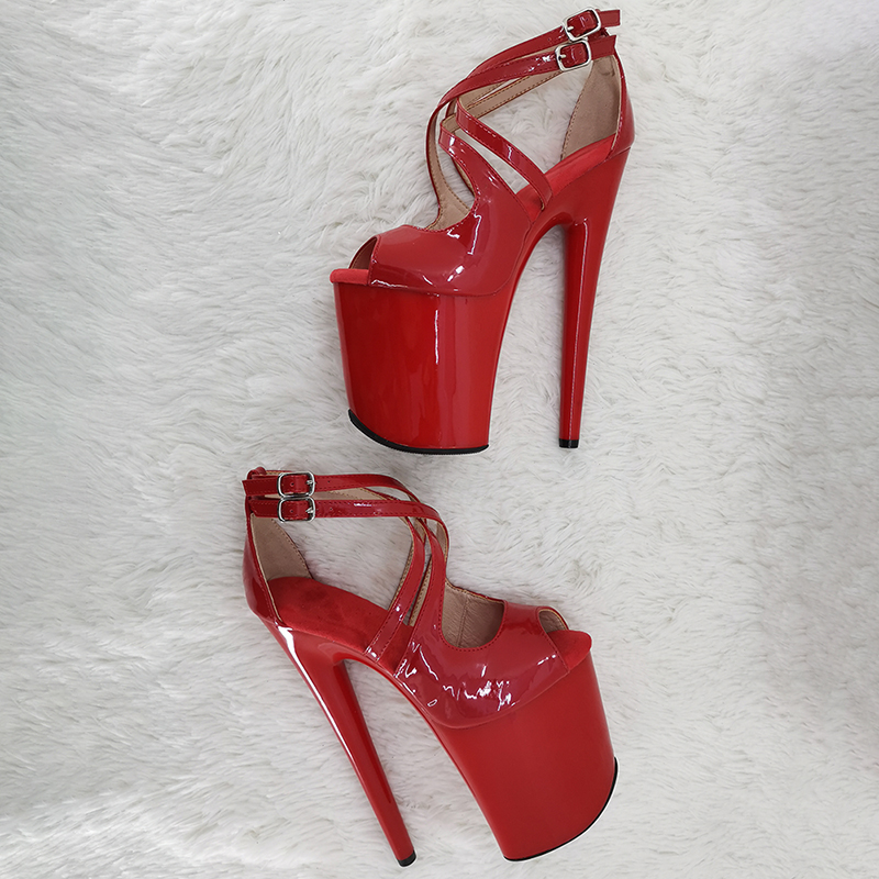 Leecabe Summer Sexy Women Shoes 20CM Ultra High Heel Black Lacquered Leather Sandals Model Walking Show Fish Mouth Bag Shoes 1KZ