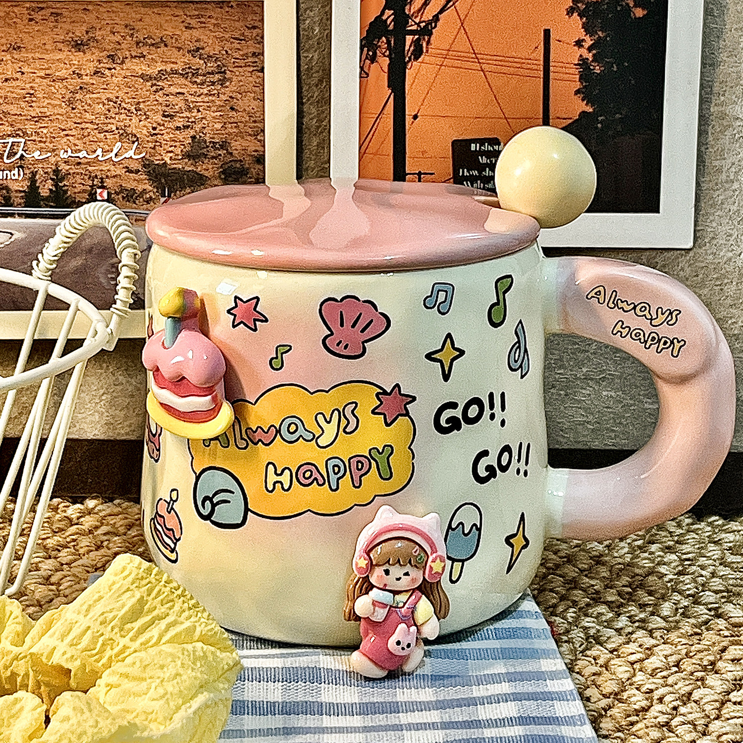 Керамическая чашка для воды с крышкой и ложкой, подарок для девочек на день рождения для подруг, ценная кружка с сердечком для девочек, офисная чашка