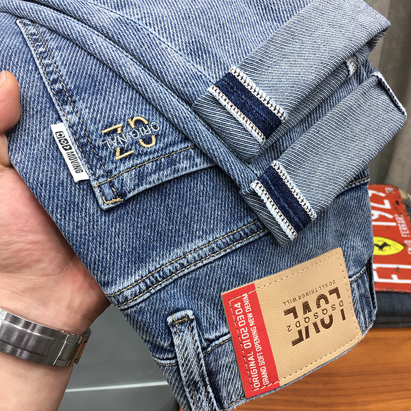 High-End Twill Fabric Spring Cropped Jeans for Men with Waistband Webbing, Trendy Blue Stretch Slim-Fit Skinny Pants