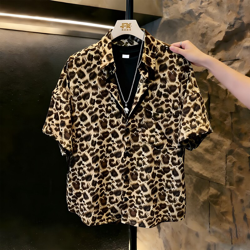 Light Luxury Men's Clothing, Plus-Size Trendy Brand Men's 2026 Summer New Leopard Print Lapel Trendy Casual Versatile Short-Sleeved Shirt