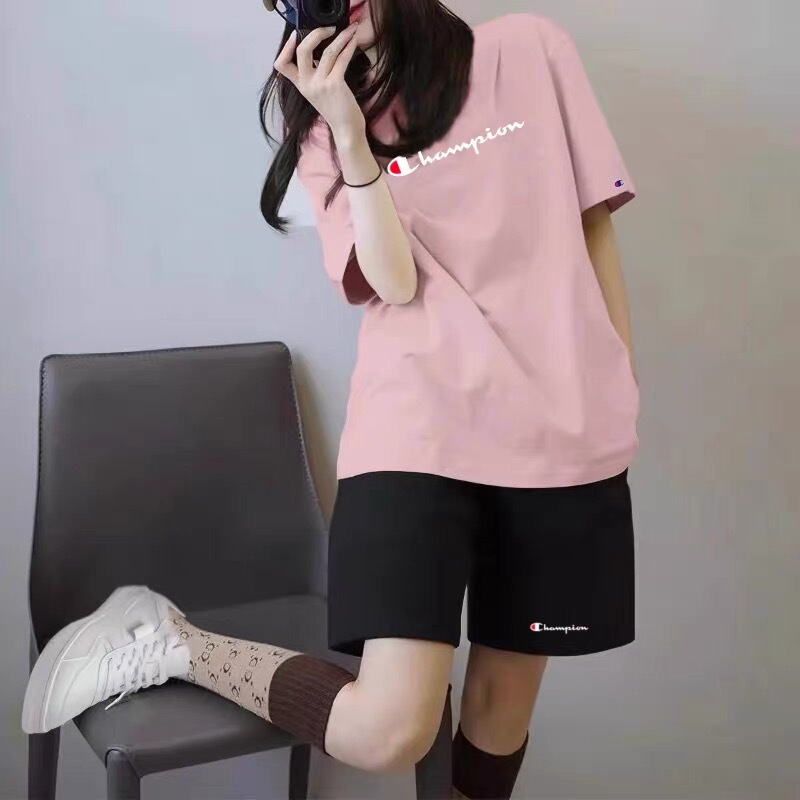 Japanese Version Champion Solid Color T-Shirt and Shorts Sports Set for Women 2026 Summer New Casual Loose Couple Two-Piece Set