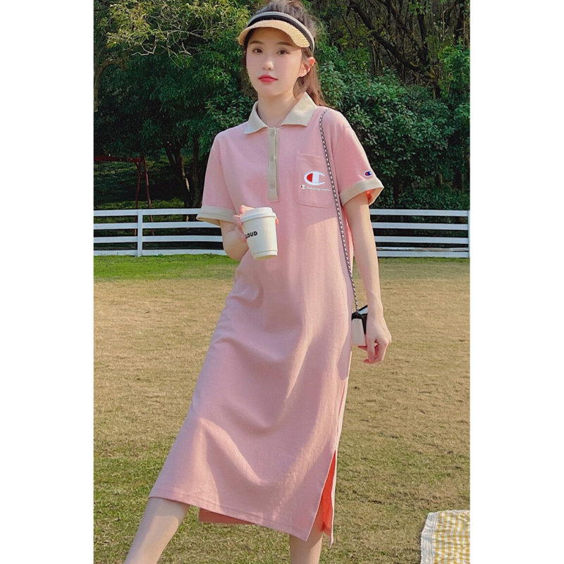 Japanese Style Champion Simple Pink Polo Collar Dress for Women 2026 Summer Loose Slimming Mid-Length Casual Dress