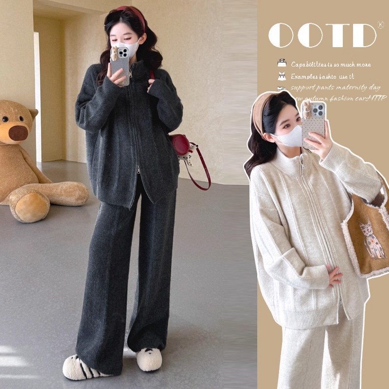 Maternity Wear Autumn and Winter Casual Suit 2026 New Fashion Zipper Stand Collar Sweater Jacket Wide-Leg Pants Two-Piece Set