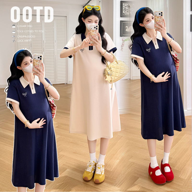 Maternity Summer Dress 2026 New Fashion Slimming Zipper Polo Collar Pregnancy Dress High-End Maternity Wear