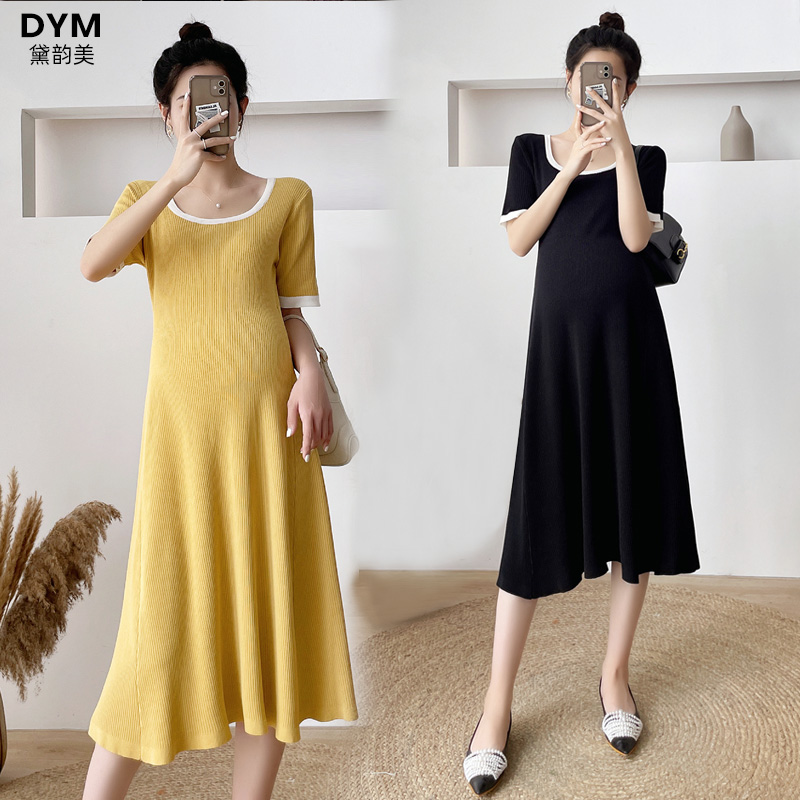 Pregnant women's summer clothes top Net red summer fashion models knee Ice Silk Loose pregnant women's dress