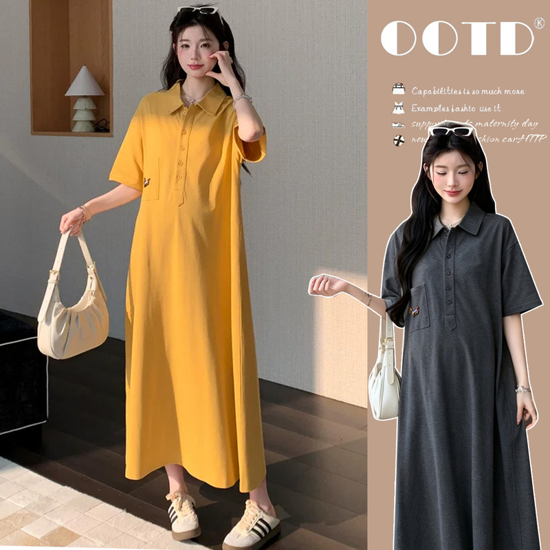 Maternity Summer Clothing 2026 New Pure Cotton Dress Summer Maternity High-End Outfit Polo Collar Long Dress Lazy Style