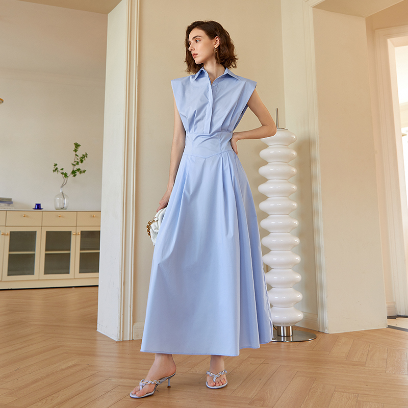 Ael Original Blue Sleeveless Shirt Dress 2026 Summer New Style French Style Long Waist-Cinching Shirt Dress