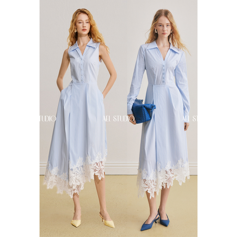 Ael Original French Blue Shirt Dress for Women 2026 Summer New Lace Patchwork Waist-Cinching Shirt Long Dress Ael Original French Blue Shirt Dress for Women 2026 Summer New Lace Patchwork Waist-Cinching Shirt Long Dress