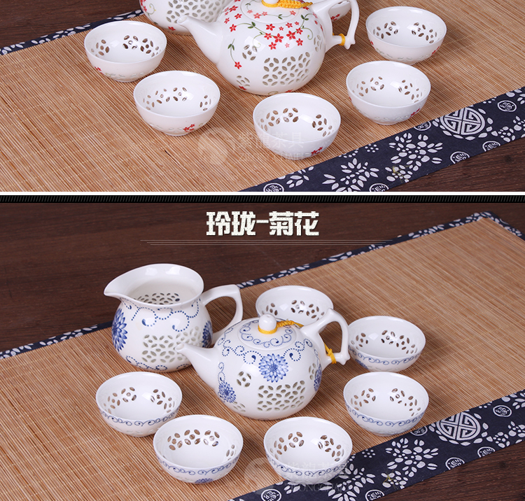 Màu xanh và trắng sứ bộ trà tinh tế tổ ong rỗng đặt gốm kungfu tea set trà cốc chén trà rửa bát