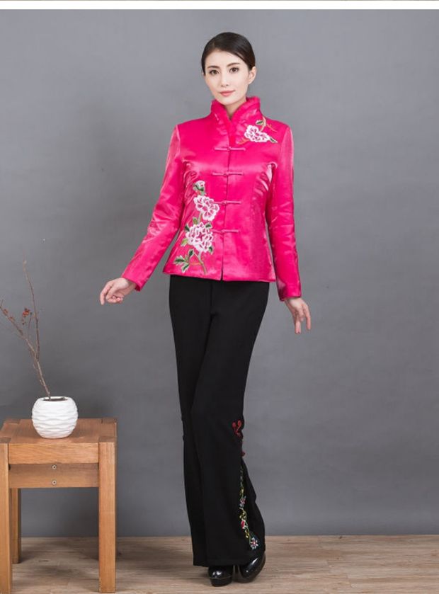 Trung và già mùa thu và mùa đông phụ nữ thêu áo khoác cotton mẹ Tang phù hợp với áo lông cổ áo trung niên quần áo cộng với kích thước quần áo cotton áo vest nữ trung niên