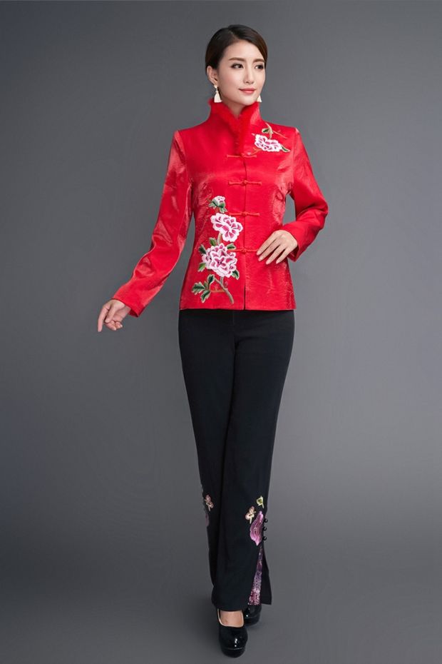Trung và già mùa thu và mùa đông phụ nữ thêu áo khoác cotton mẹ Tang phù hợp với áo lông cổ áo trung niên quần áo cộng với kích thước quần áo cotton áo vest nữ trung niên