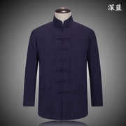 Trang phục dân tộc dài tay áo sơ mi nam màu lanh rắn Tang phù hợp với nam trung niên kích thước lớn cotton và lanh Trung Quốc gió cha
