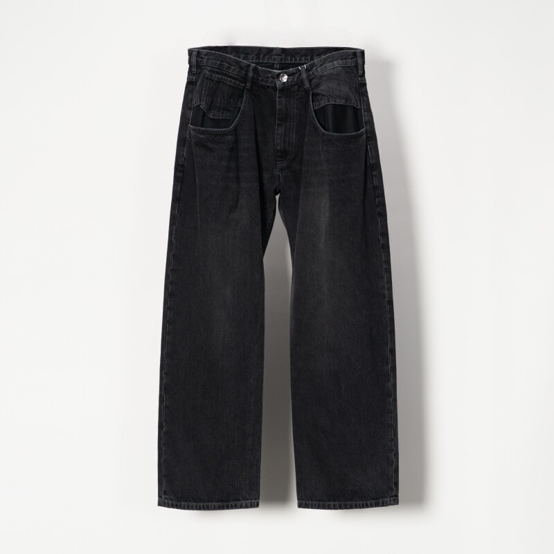 Mm6 Personalized Black Pocket Jeans, Magic Pants, Solid Color, Simple, Basic, Commuter Style, Washed, Vintage, Loose Straight-Leg Long Pants