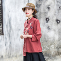 National Wind Embroidered Floral Long Sleeve Shirt Woman New Retro Cotton Twist Disc Button Blouse