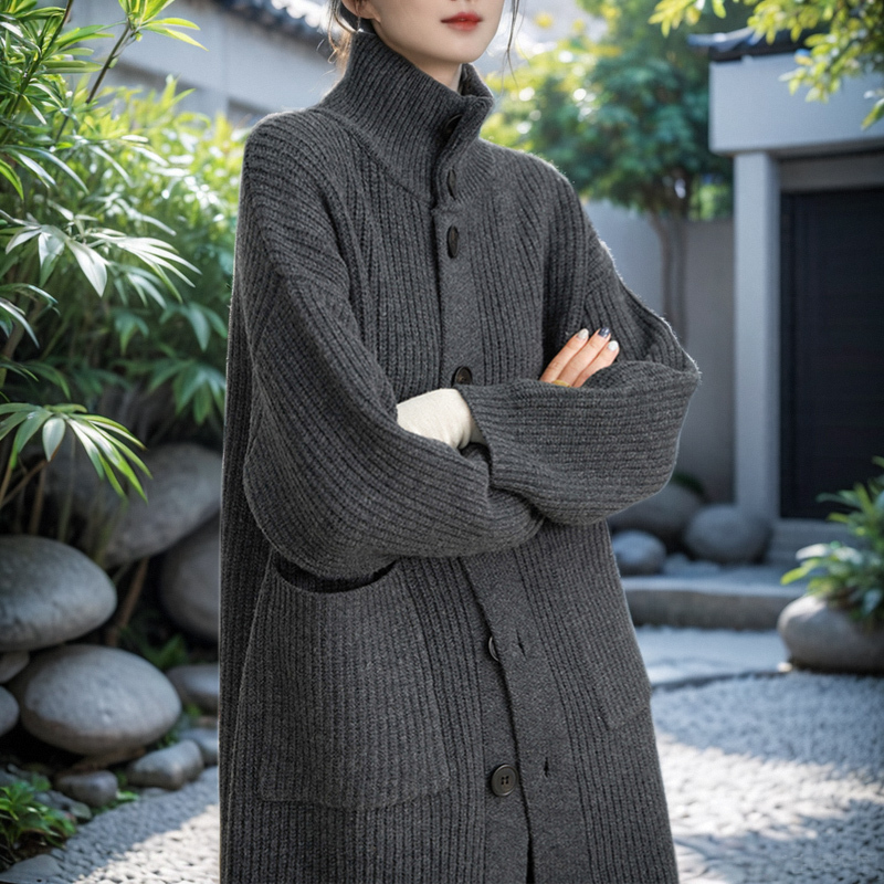 European Style Loose and Casual Knitted Coat for Women, High-Neck, Mid-Length Cardigan, Gray Wool Sweater, Thickened