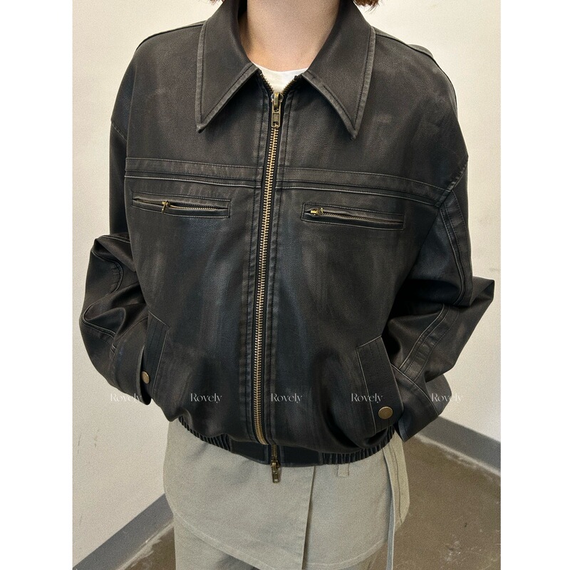 [in Stock] Korean Foreign Trade Item - [Kim Hye-Kyung and Park Ji-Seong's Same Style] Loose Distressed Leather Jacket