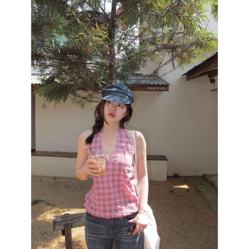 Banana Boss · 【Pure Cotton Small Checkered Pattern】 Halter Neck Tie-Up Beautiful Back Tank Top Banana Boss · 【Pure Cotton Small Checkered Pattern】 Halter Neck Tie-Up Beautiful Back Tank Top