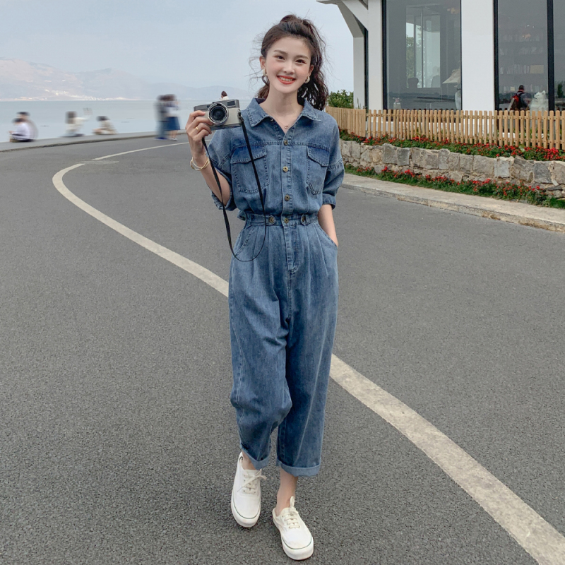 Short-Sleeved Denim Jumpsuit for Women, Summer, Petite, Slimming, High-End, Elegant, Goddess Style, French Workwear Jumpsuit Set Short-Sleeved Denim Jumpsuit for Women, Summer, Petite, Slimming, High-End, Elegant, Goddess Style, French Workwear Jumpsuit Set