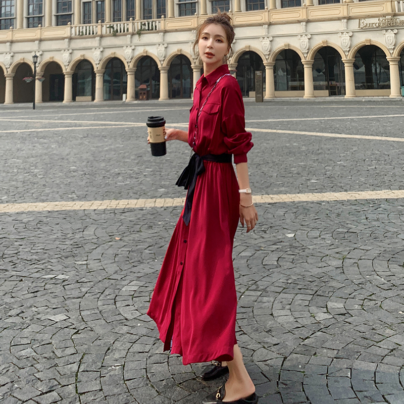 Red long-sleeved dress women's spring and autumn 2022 new autumn dress temperament goddess Fan French high-end shirt dress