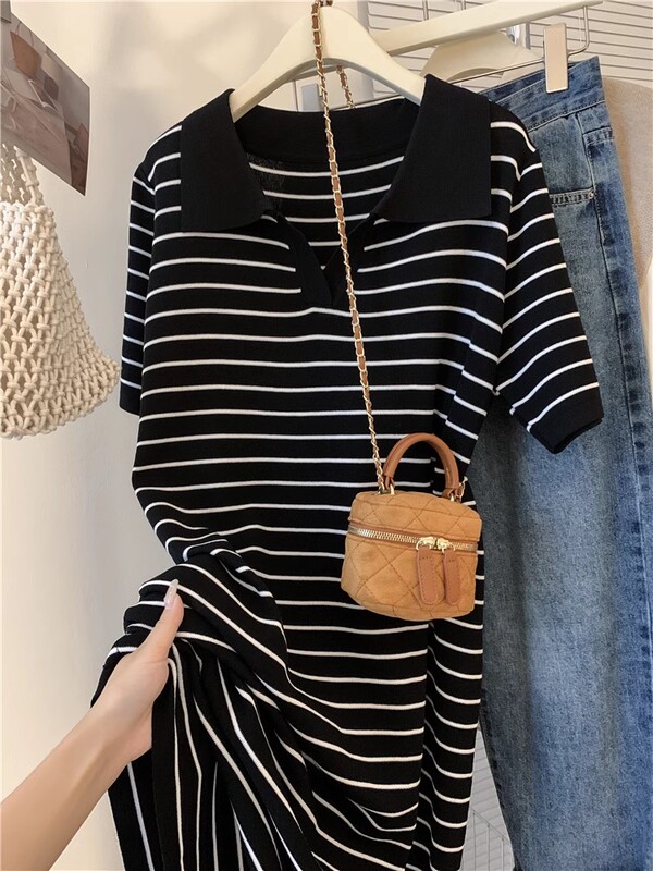 Plus-Size Women's Striped Polo Collar Slimming Short-Sleeve T-Shirt Dress for Spring and Summer, Fashionable Mid-Length Dress Plus-Size Women's Striped Polo Collar Slimming Short-Sleeve T-Shirt Dress for Spring and Summer, Fashionable Mid-Length Dress