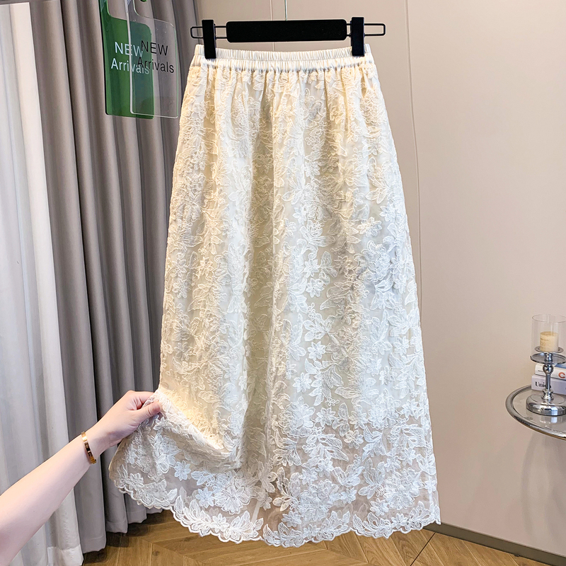 Double-Layer Lace Peony Floral Embroidery Craftsmanship Elastic Waist Holiday Casual Style Half Skirt High-End and Simple