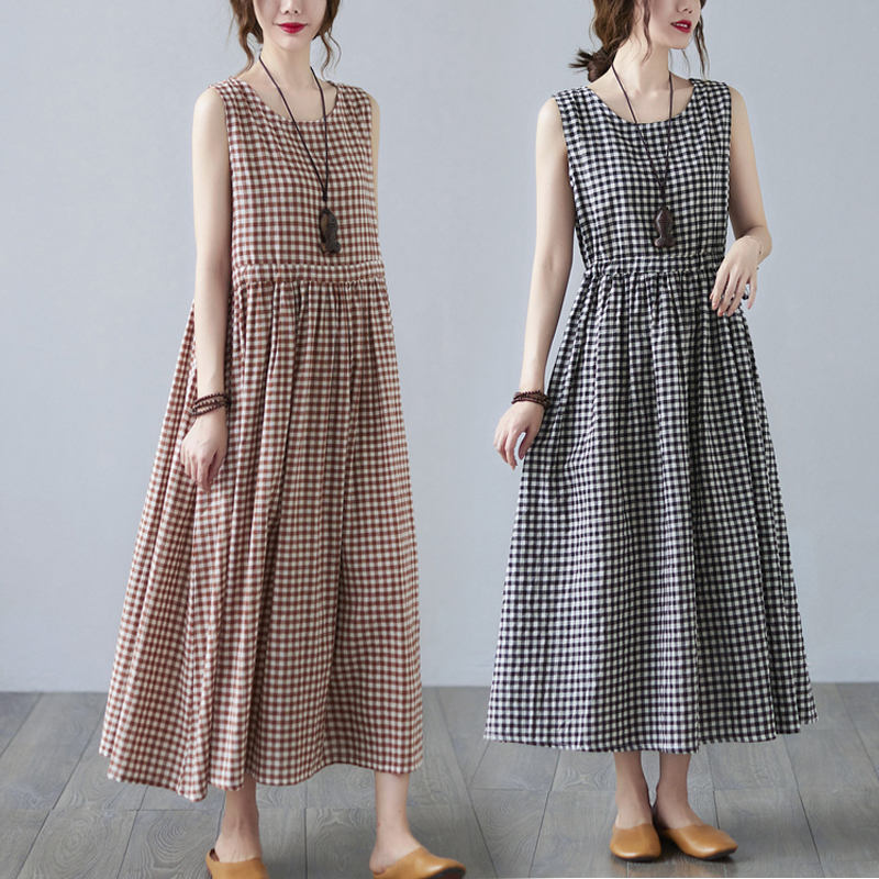 Discounted New Vintage-Style Washed Plaid Drawstring Waist Sleeveless Round Neck Plus-Size Dress with Cinched Waist, Mid-Length Trendy Style