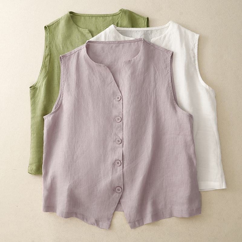 Thin New Cotton and Linen Retro Sleeveless Vest Shirt Jacket Women's Sense of Design Elegant Design Top Solid Color