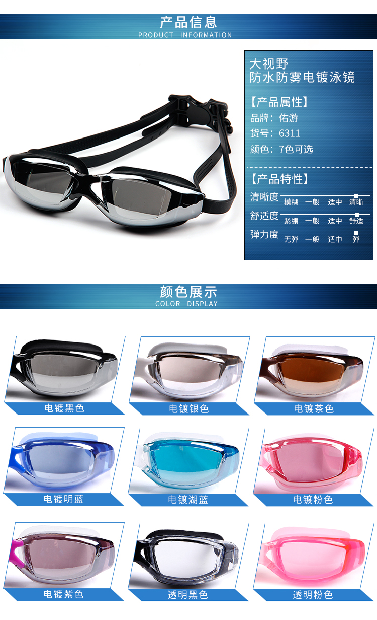 Kính râm Youyou Pingguang / Kính cận thị Kính bơi chống nước chống sương mù Mạ điện Hộp kính bơi nam / nữ lớn kính bơi adidas