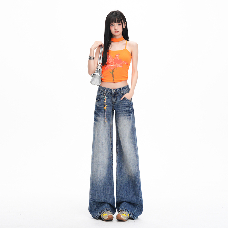 American Retro Flared Jeans for Women 2026 Spring/Summer Low-Waist Trendy Loose High Street Slimming Straight Wide-Leg Pants