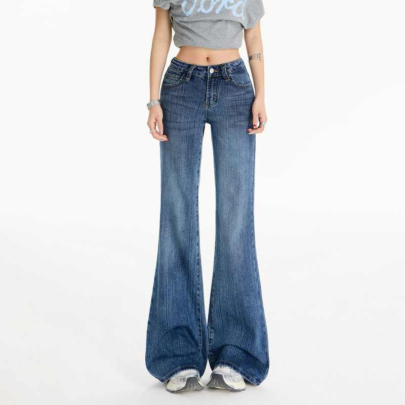 Aig Blue Bamboo Pattern Flared Jeans for Women 2026 Spring/Summer Hot Girl Low-Waist Slim Fit Stretchy Floor-Length Pants