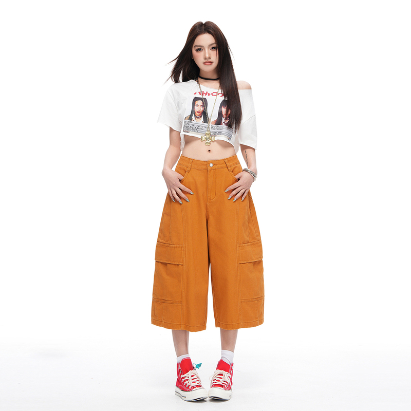 Dopamine High-End Orange Workwear Denim Shorts for Women, New Spring/Summer Style, Loose Fit, Slimming Wide-Leg, Curved Mid-Length Shorts