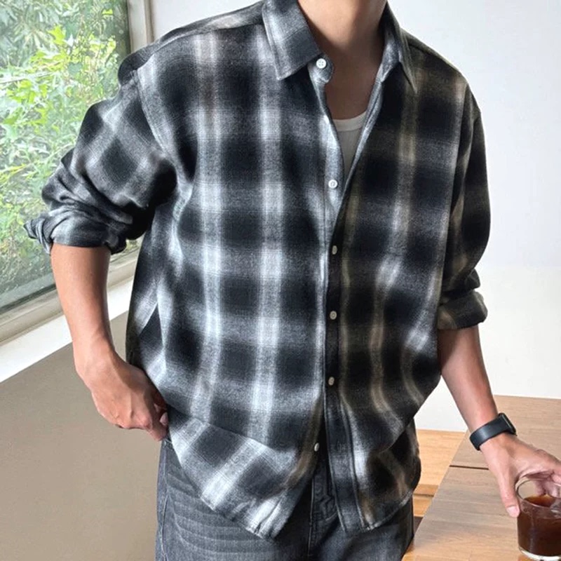 American Vintage Plaid Shirt for Men, Gradient Color-Blocking, Slim-Fit Long-Sleeve Cardigan, Casual Work Shirt, Thin Jacket
